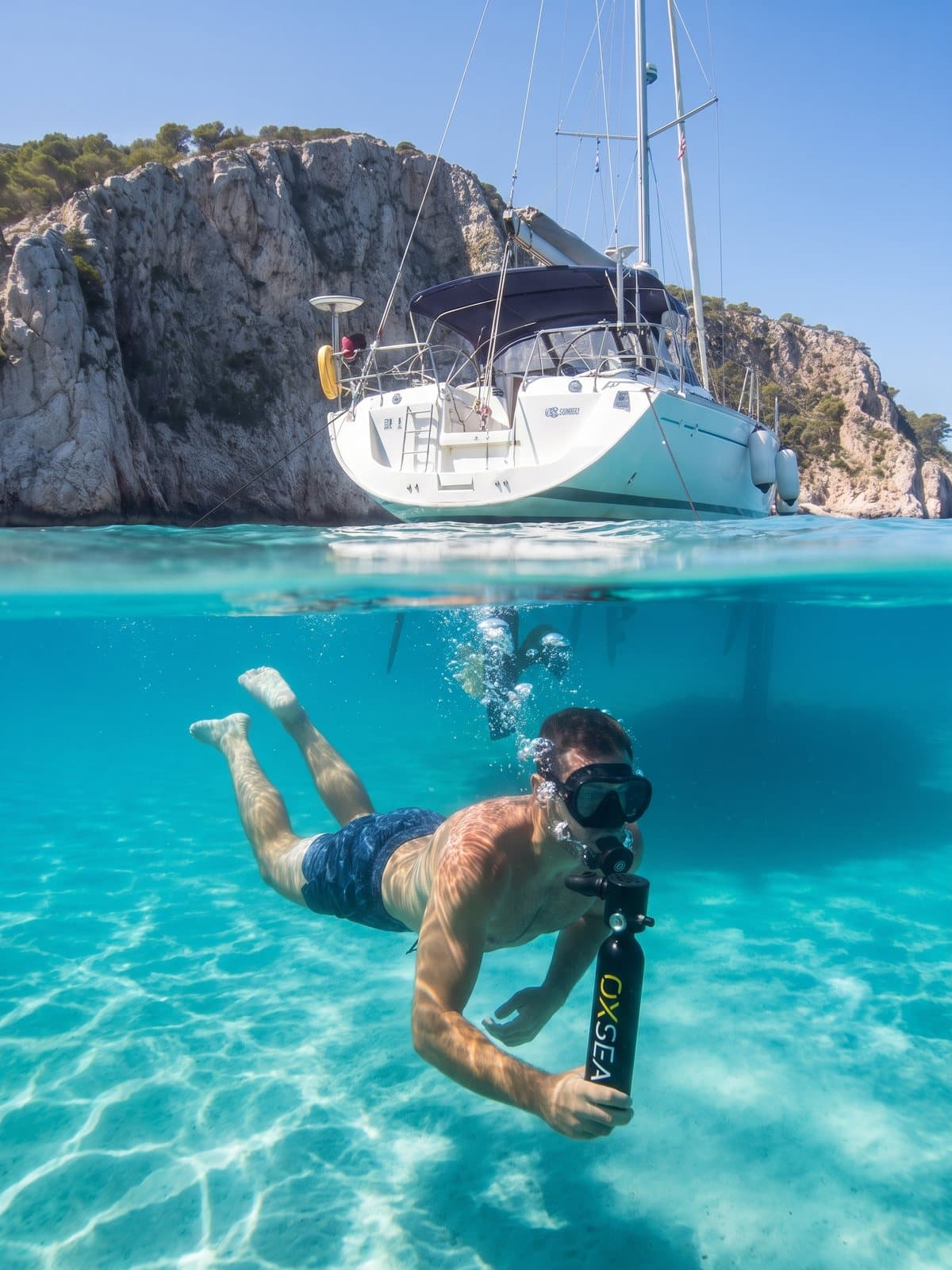 Segelyacht vor Anker an einer hellen Felsküste, ein Schwimmer unter dem Rumpf atmet aus der OXSEA-Flasche