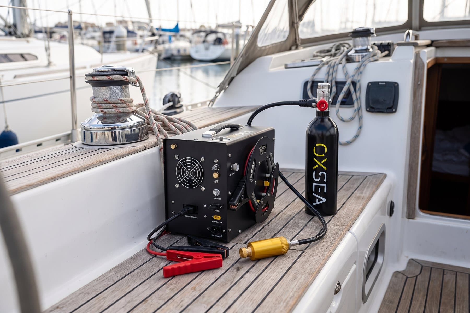 Mini compresseur branché à une OX1000 dans le cockpit d'un voilier
