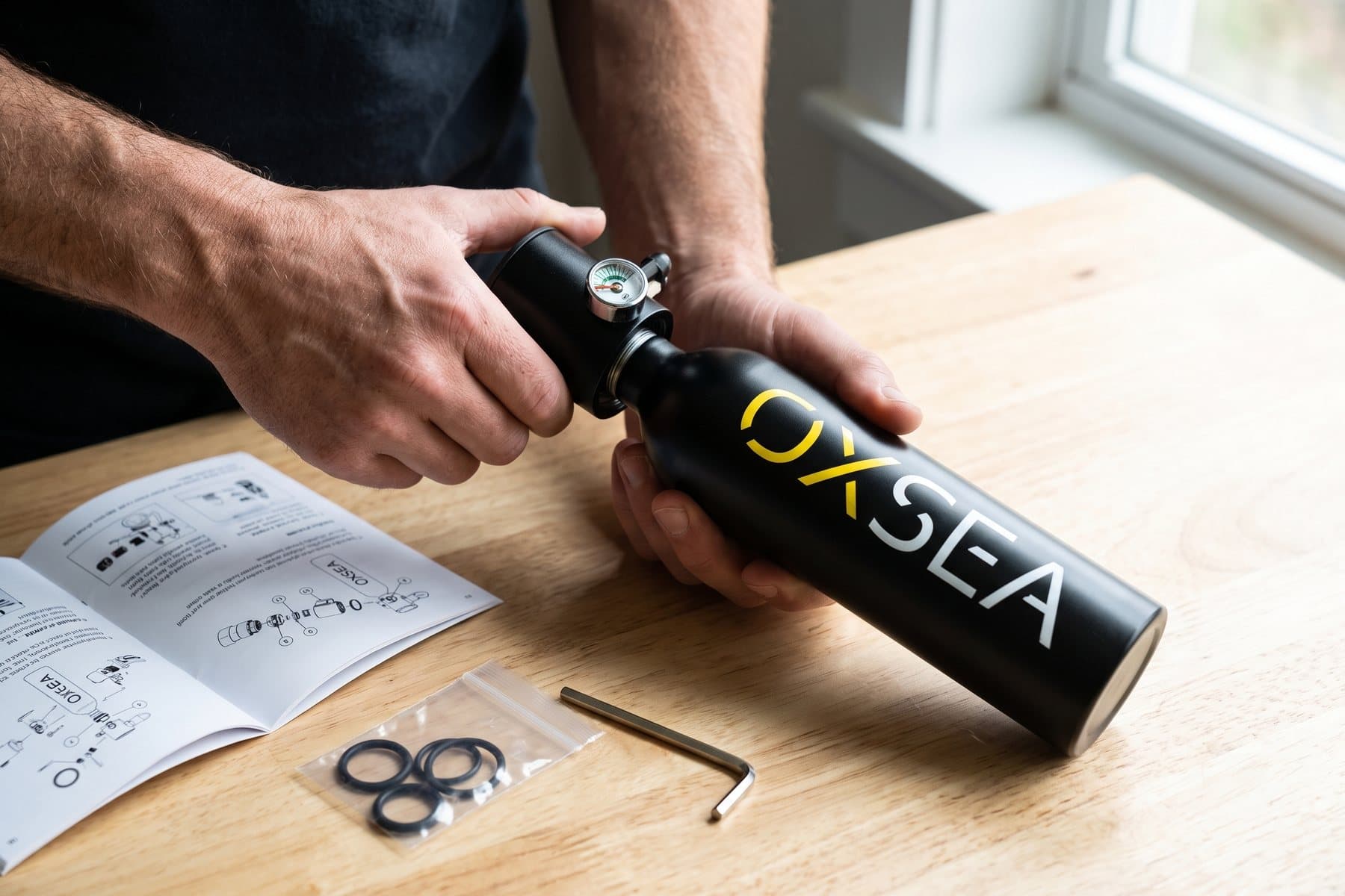 Deux mains montent la tête d'une bouteille OXSEA sur une table, la notice et des joints à côté