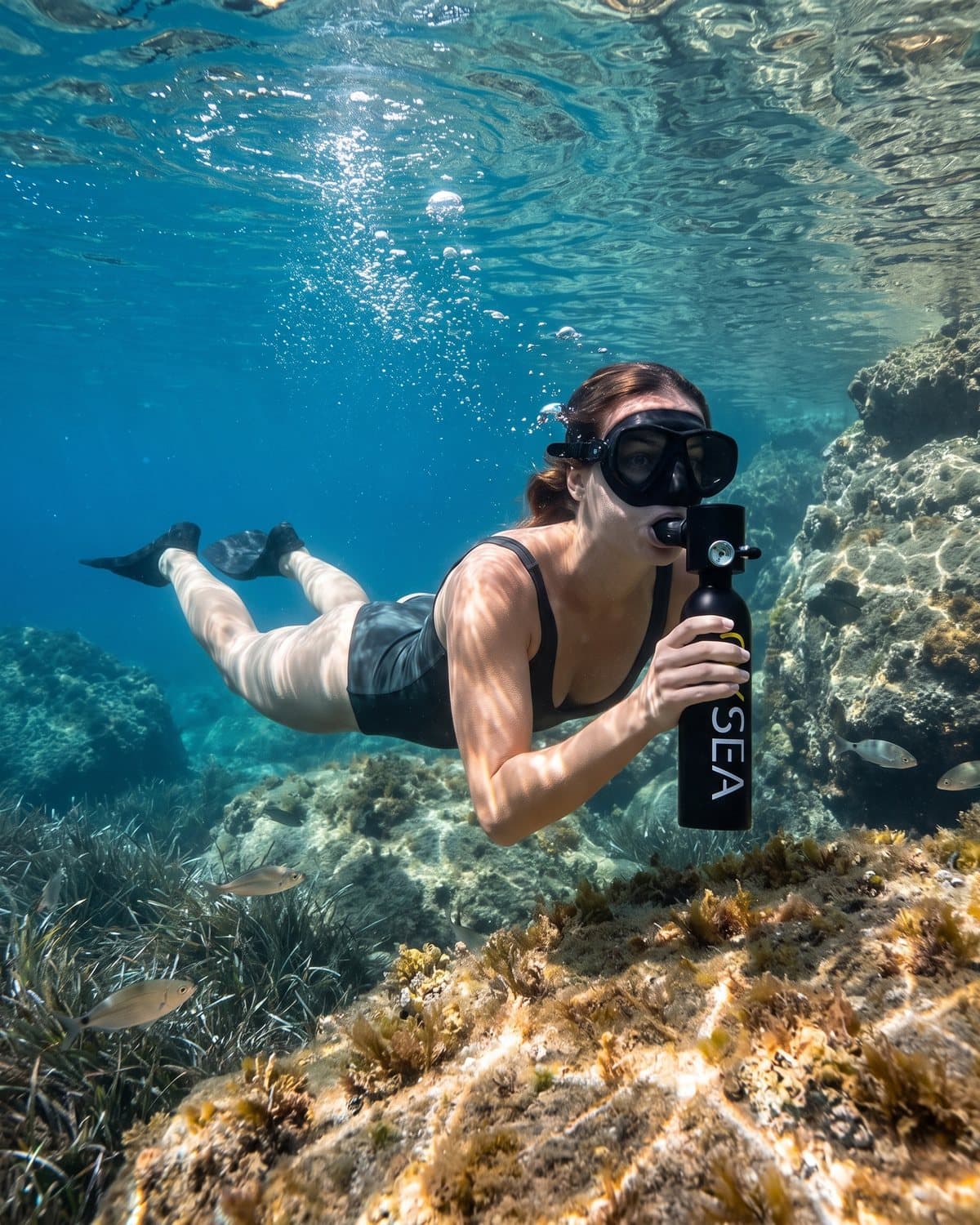 Nageuse en palmes au-dessus des rochers, la bouteille OXSEA en bouche